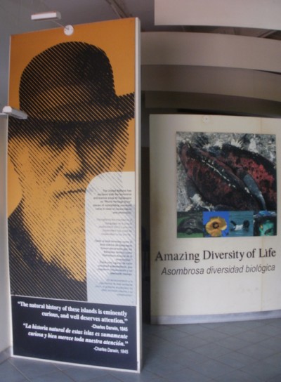 Charles Darwin Research Center in Galapagos Islands. Poster of Charles Darwin at the Research Center